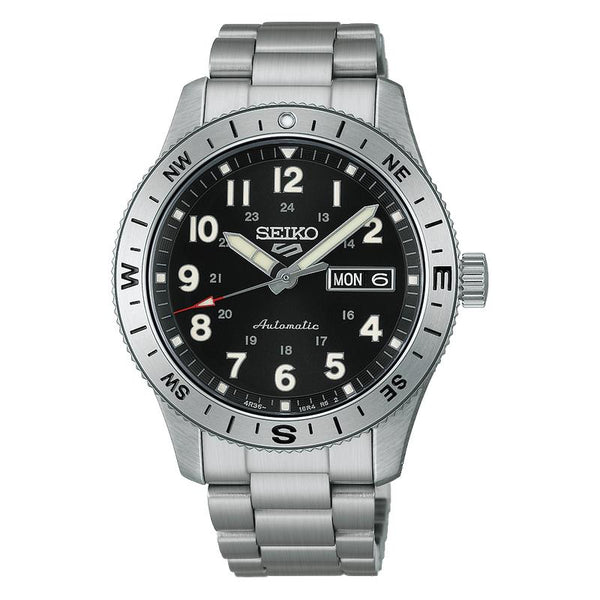 Seiko 5 Sports Field HDB006K1 black dial, compass bezel, stainless steel case and bracelet