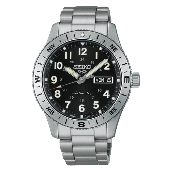 Seiko 5 Sports Field HDB006K1 black dial, compass bezel, stainless steel case and bracelet