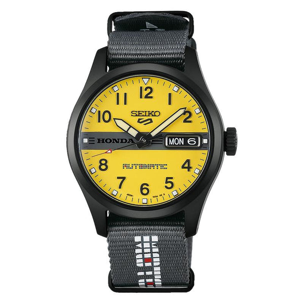 Seiko 5 Sports Field "MOTOCOMPO" HDB010K1 yellow dial, black case, grey nylon strap with Honda branding