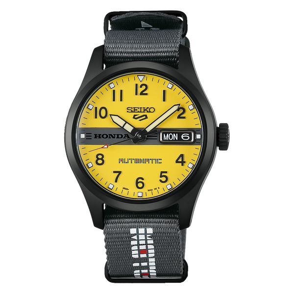 Seiko 5 Sports Field "MOTOCOMPO" HDB010K1 yellow dial, black case, grey nylon strap with Honda branding
