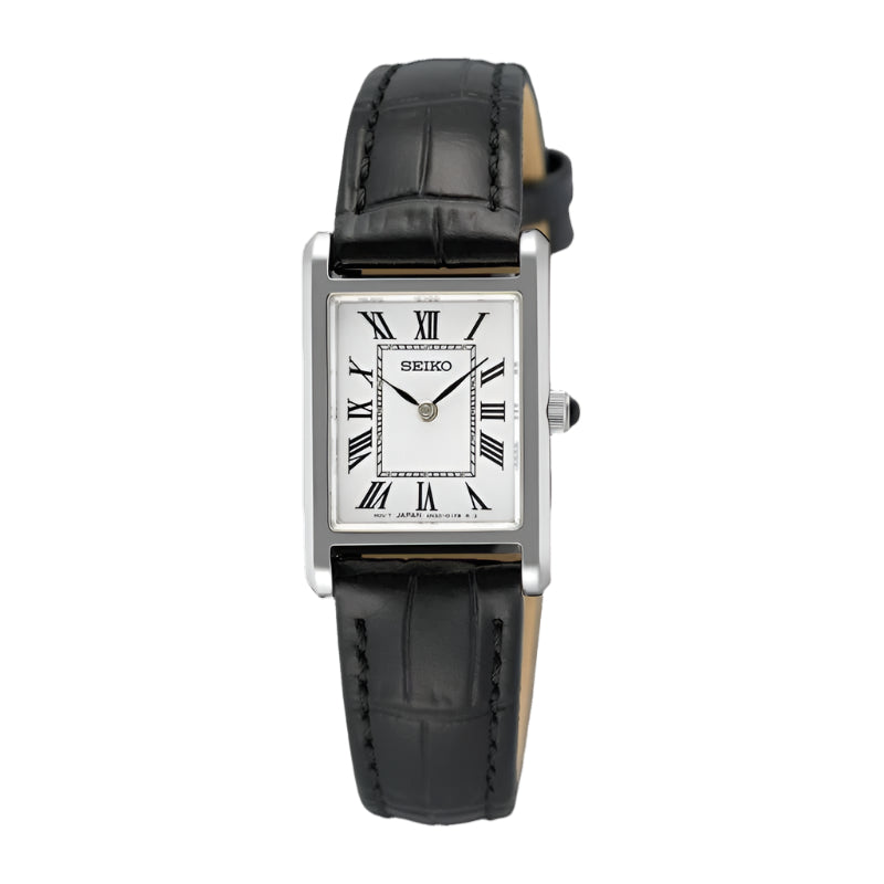 Seiko Classic Quartz Ladies Watch - Silver/Black Leather Strap