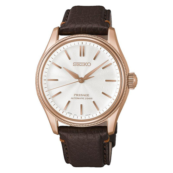 Seiko Presage Classic "Tomioka Silk" HCC008J1 pearl-white dial, pink-gold case, dark brown leather strap