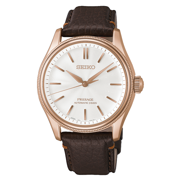 Seiko Presage Classic "Tomioka Silk" HCC008J1 pearl-white dial, pink-gold case, dark brown leather strap